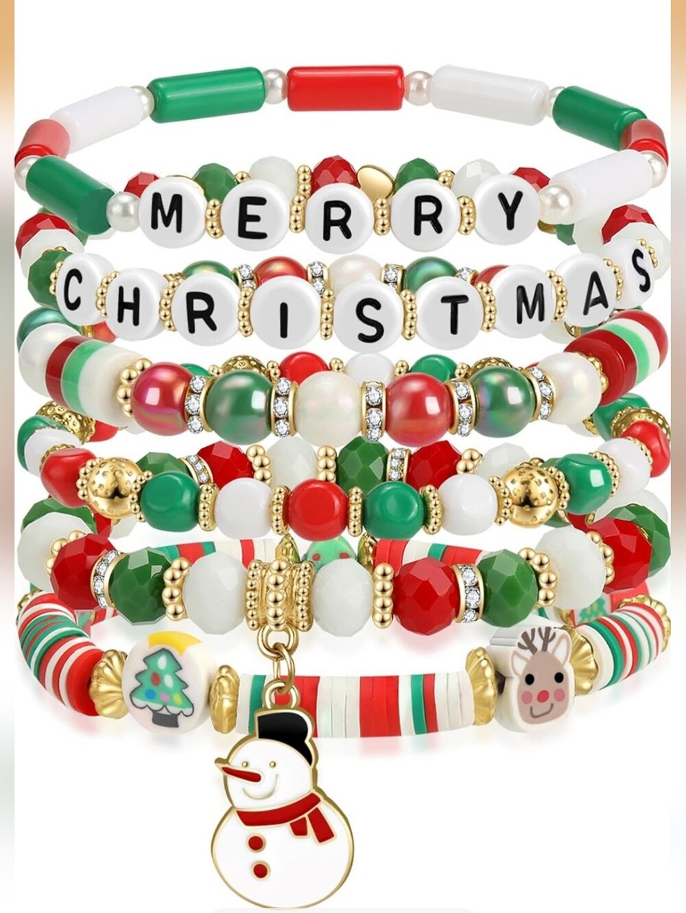 6 PC Merry Christmas Holiday Stackable Bead Bracelet Set - Red, Green & White